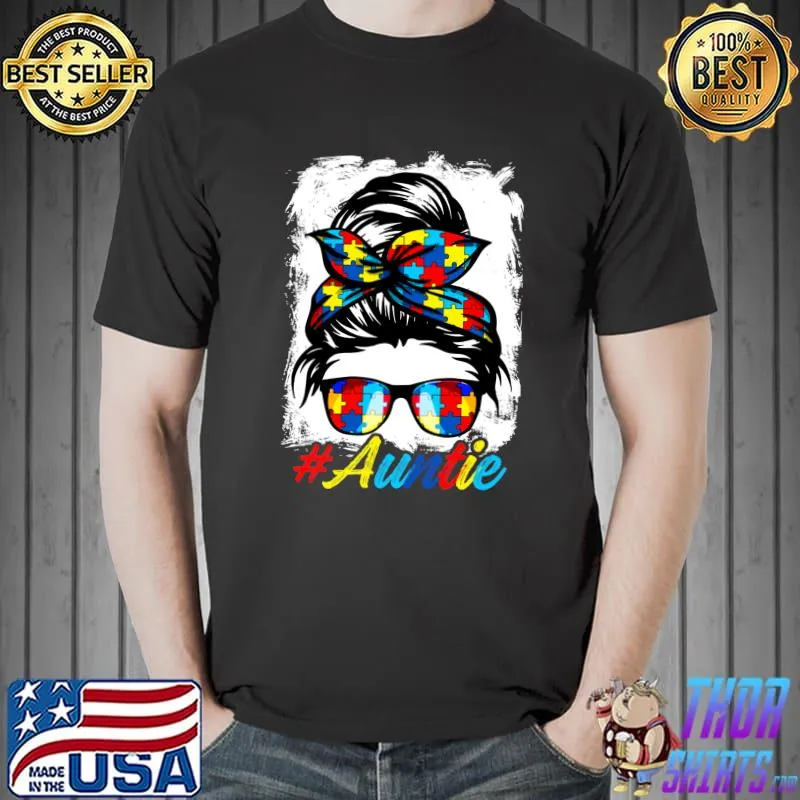 Messy Bun Bandana Auntie Ladies Girls Women Autism Awareness T-shirt