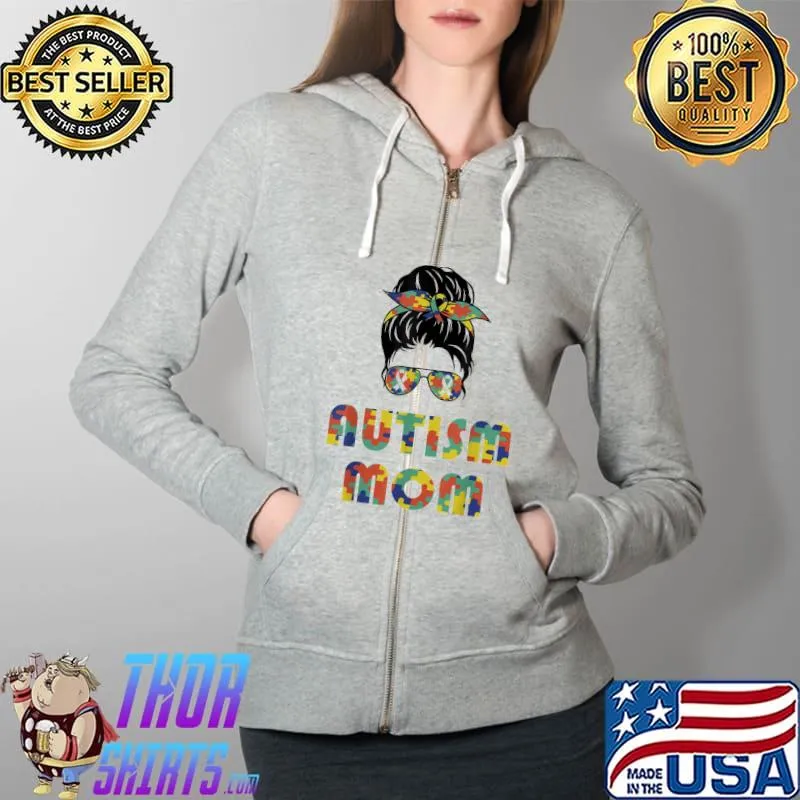 Autism awareness mom messy bun puzzle mother's day Full Zip Hooded