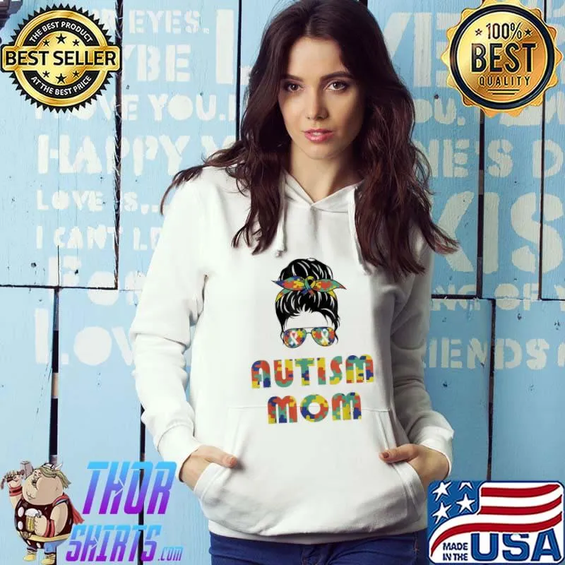 Autism awareness mom messy bun puzzle mother's day Hoodie