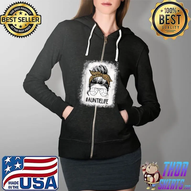 Bleached Volleyball Auntie Life Messy Bun Leopard Print T-Shirt Full Zip Hooded
