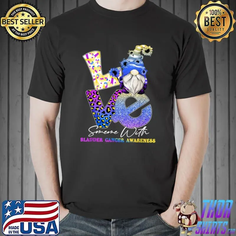 Blue Yellow Purple Ribbon Gnome Love Someone Bladder Cancer T-Shirt