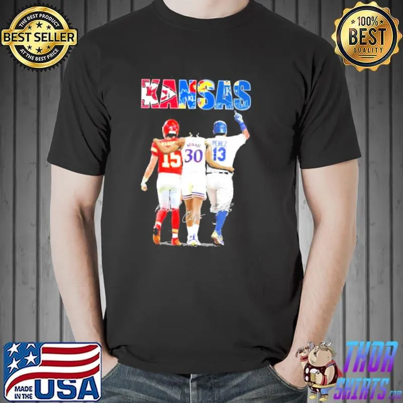Kansas Jayhawks and Kansas City Chiefs Kansas City Royals Mahomes Agbaji Perez signatures shirt