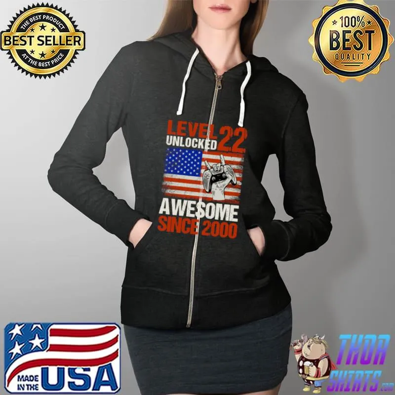 Level 22 Unlocked Since 2000 USA Flag 22nd Birthday Gaming T-Shirt Full Zip Hooded