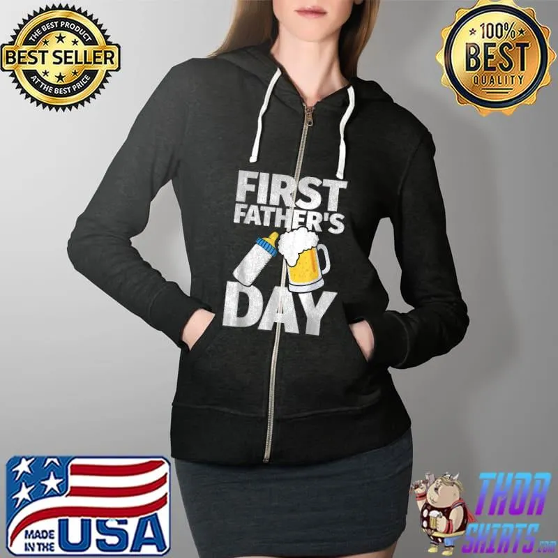Mens First Father's Day Gift Beer Baby Bottle Daddy T-Shirt Full Zip Hooded