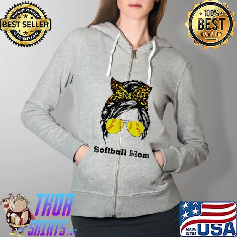 Messy bun softball mom leopard print bleached distressed Full Zip Hooded