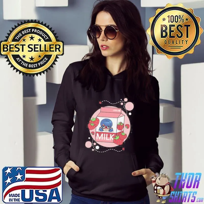 Miraculous ladybug cat noir strawberry milk jersey short sleeve Hoodie