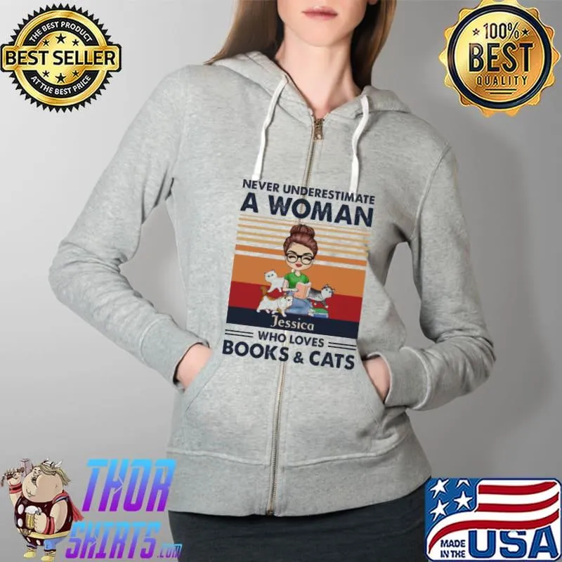 Never Underestimate An Old Woman Who Loves Books And Cats Jessica Vintage Shirt Full Zip Hooded