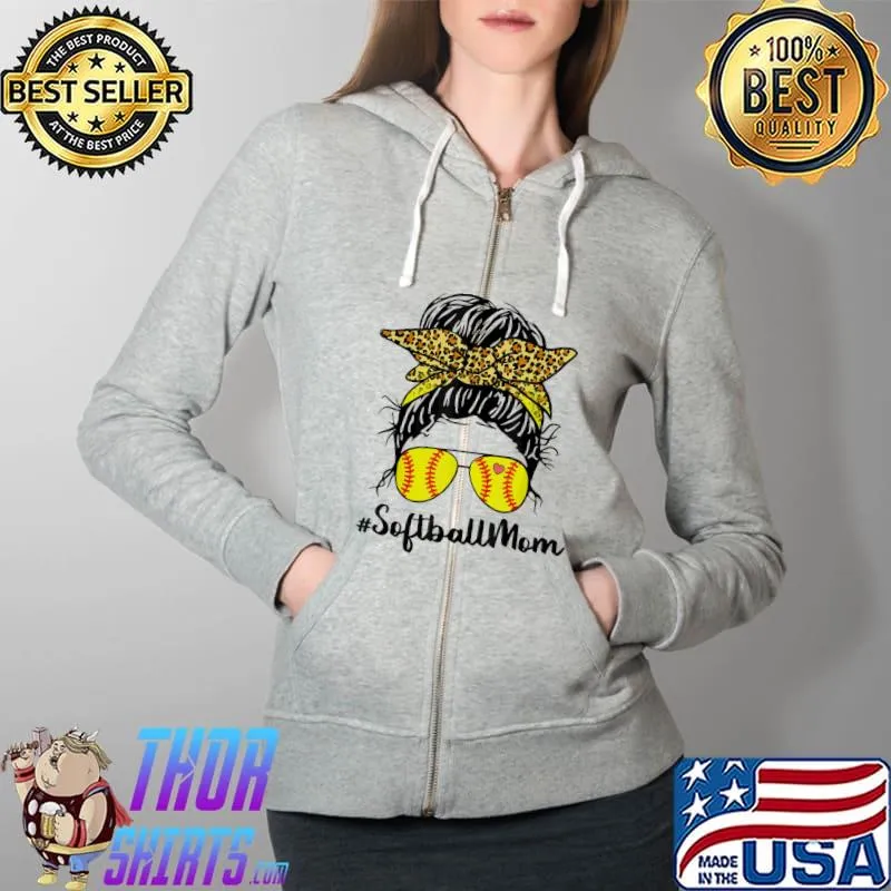 Softball mom life leopard messy bun game day Full Zip Hooded
