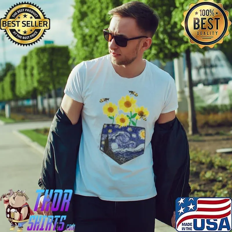 Van gogh sunflower vintage art pocket sunflowers with bees shirt