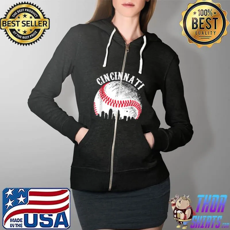 Vintage Cincinnati Skyline City Baseball Tee Met At Gameday T-Shirt Full Zip Hooded