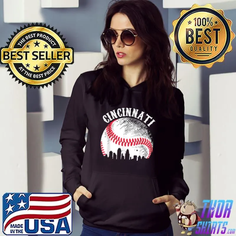 Vintage Cincinnati Skyline City Baseball Tee Met At Gameday T-Shirt Hoodie