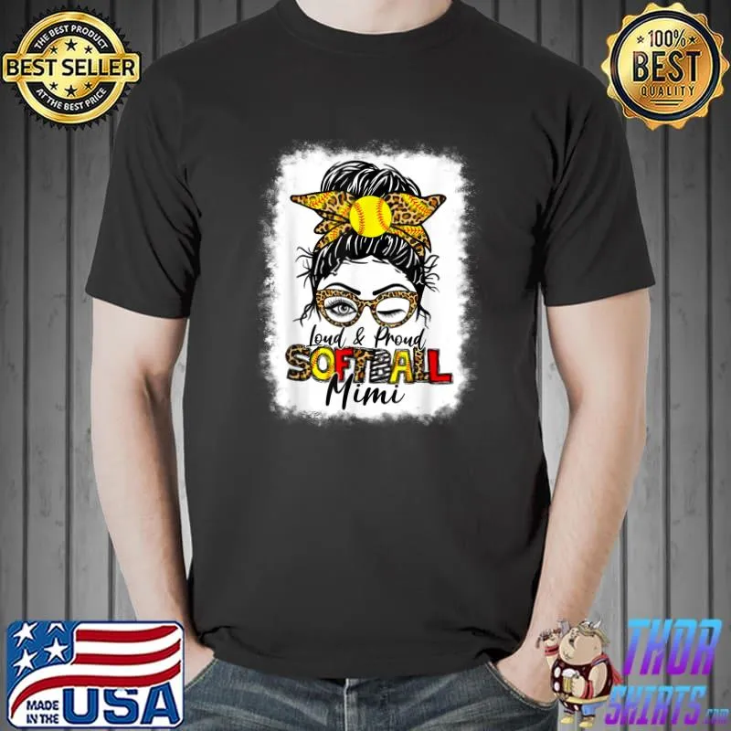 Women Loud & Proud Softball Mimi Messy Bun Leopard Bleached T-Shirt