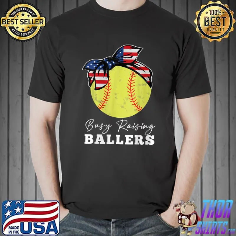 Womens Funny Mom Busy Raising Ballers softball USA Flag T-Shirt Unisex