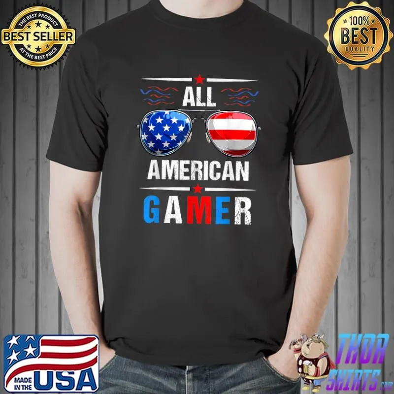 All American Flag Gamer 4th of July Sunglasses USA Patriotic T-Shirt Unisex