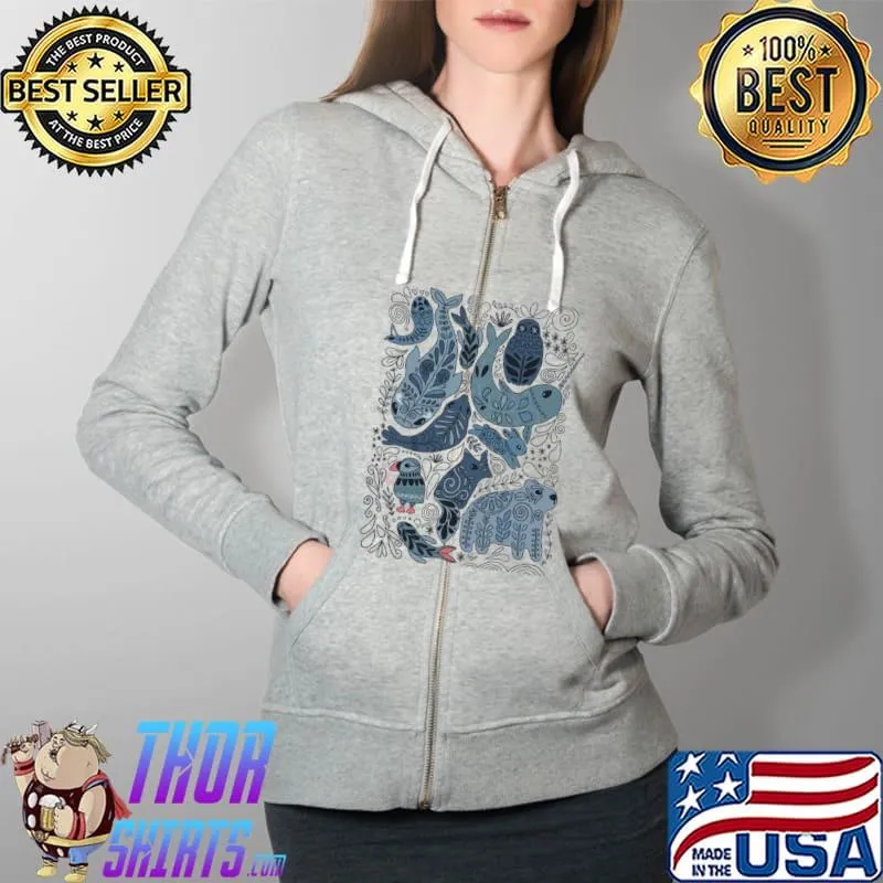 Arctic animals. narwhal polar bear whale puffin owl fox bunny seal Full Zip Hooded