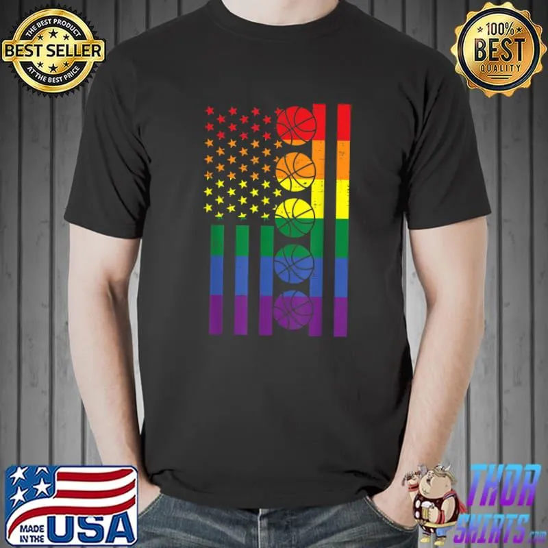 Rainbow US American Flag Basketball Gay Pride LGBTQ Sports T-Shirt Unisex