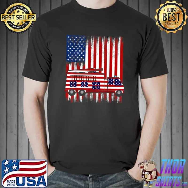 Vintage Firetruck American Flag Firetruck Lover 4th Of July T-Shirt Unisex