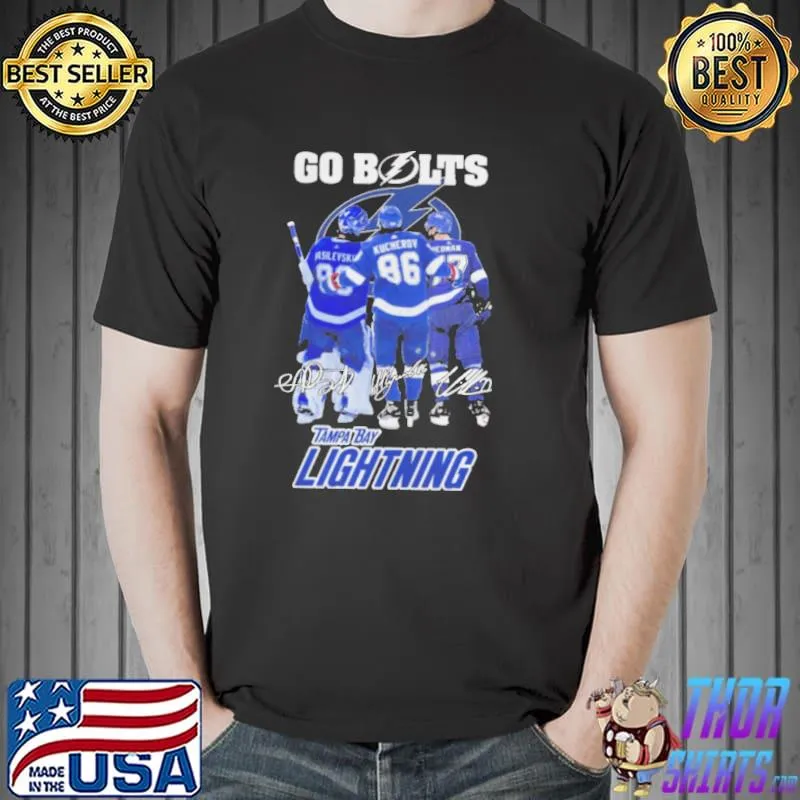 AndreI vasilevskiy nikita kucherov and victor hedman go bolts tampa bay lightning champions signautres shirt