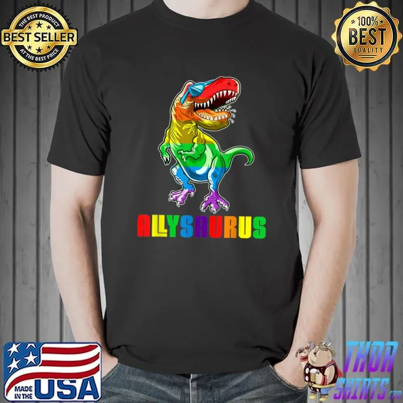Dinosaur T Rex LGBT Gay Pride Flag Allysaurus Ally Men Boys T-Shirt Unisex
