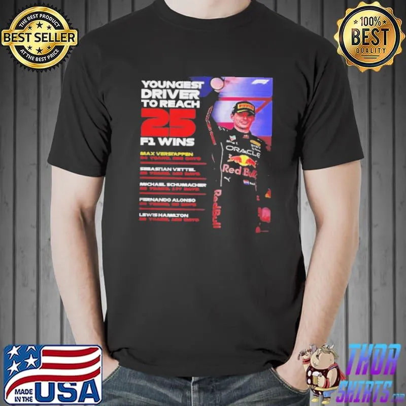 F1 oracle red bull racing max verstappen youngest driver to reach 25 f1 wins shirt