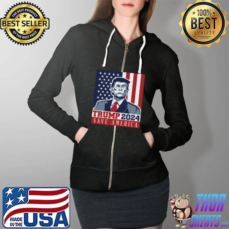 Save America - Trump President 2024 - Election - Vintage American Flag - Republican Essential T-Shir Full Zip Hooded