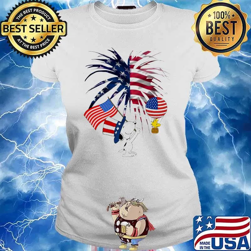 Snoopy Woodstock Happy Independence Day America Flag Shirt Ladies tee