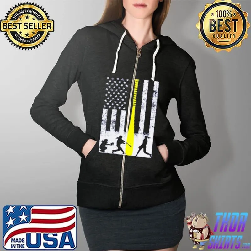 Softball flag with softball players and yellow bat s Full Zip Hooded