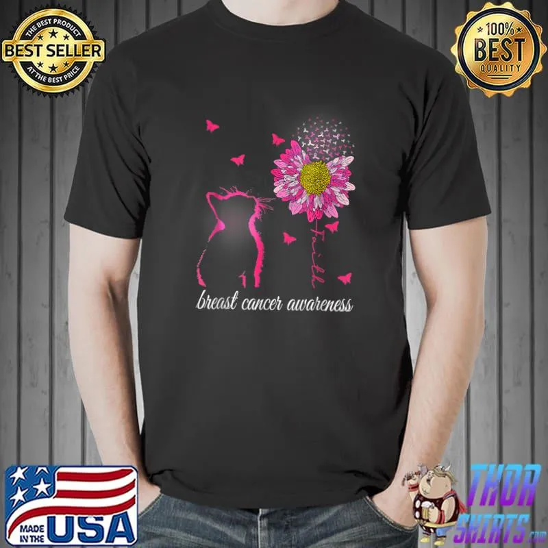 Breast Cancer Awareness Sunflower Cat Faith T-Shirt