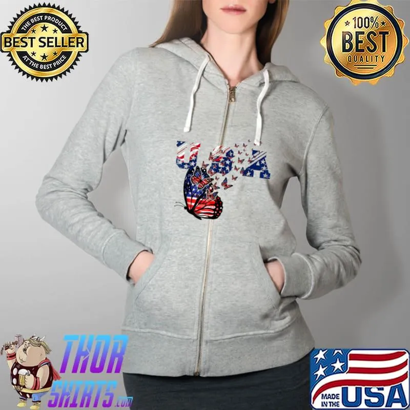 Butterfly USA Flag 4th Of July Patriotic T-Shirt Full Zip Hooded