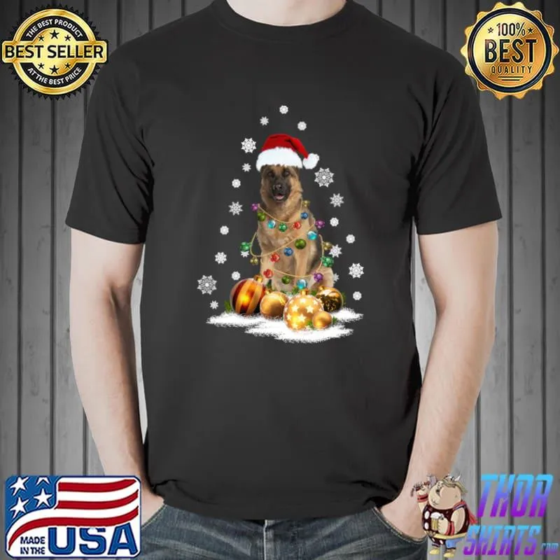 German shepherd dog santa hat christmas lights T-Shirt