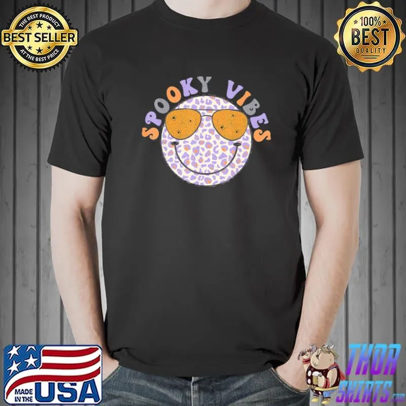 Happy face sunglasses spooky vibes leopard print shirt