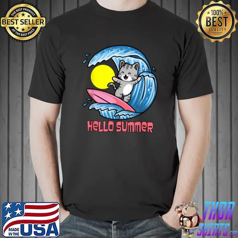 Hello Summer Cat Ocean Surfing T-Shirt