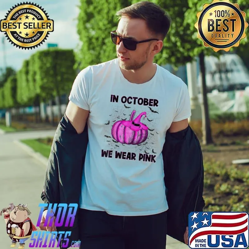 In october we wear pink pumpkin buffalo plaid halloween shirt