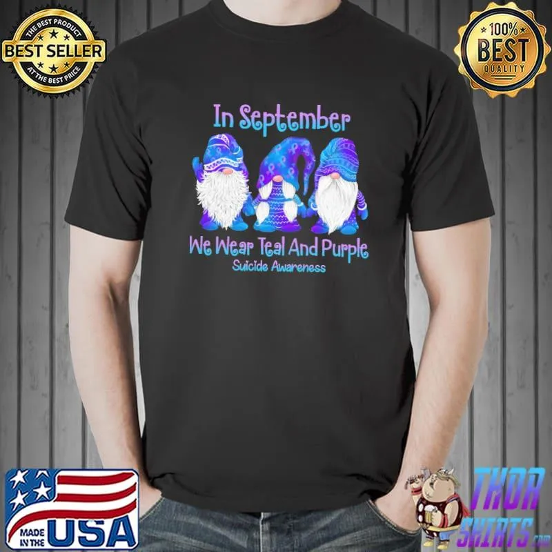 In September We Wear Teal And Purple Suicide Prevention Awareness Gnome Shirt