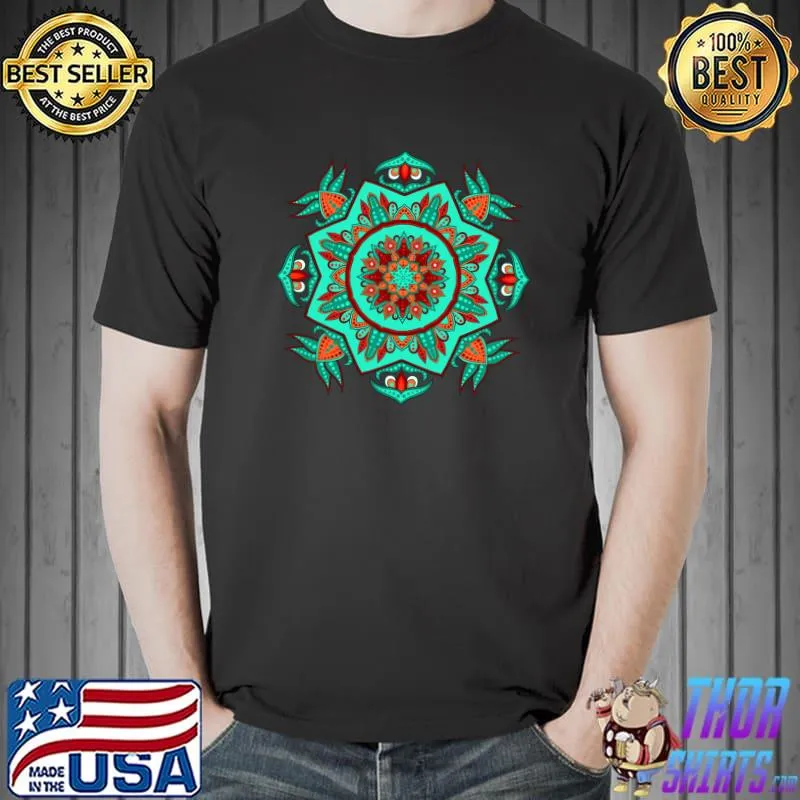 Teal And Orange Dot Mandala Flower T-Shirt