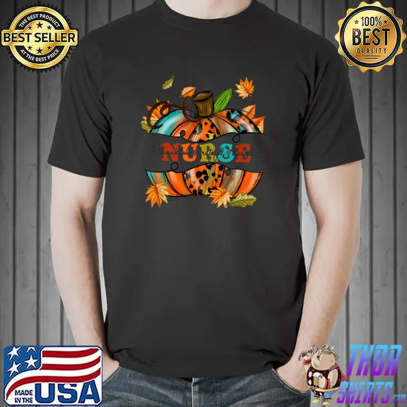 Autumn Fall Outfit Nurse Thankful Grateful Blessed Pumpkin Leopard T-Shirt
