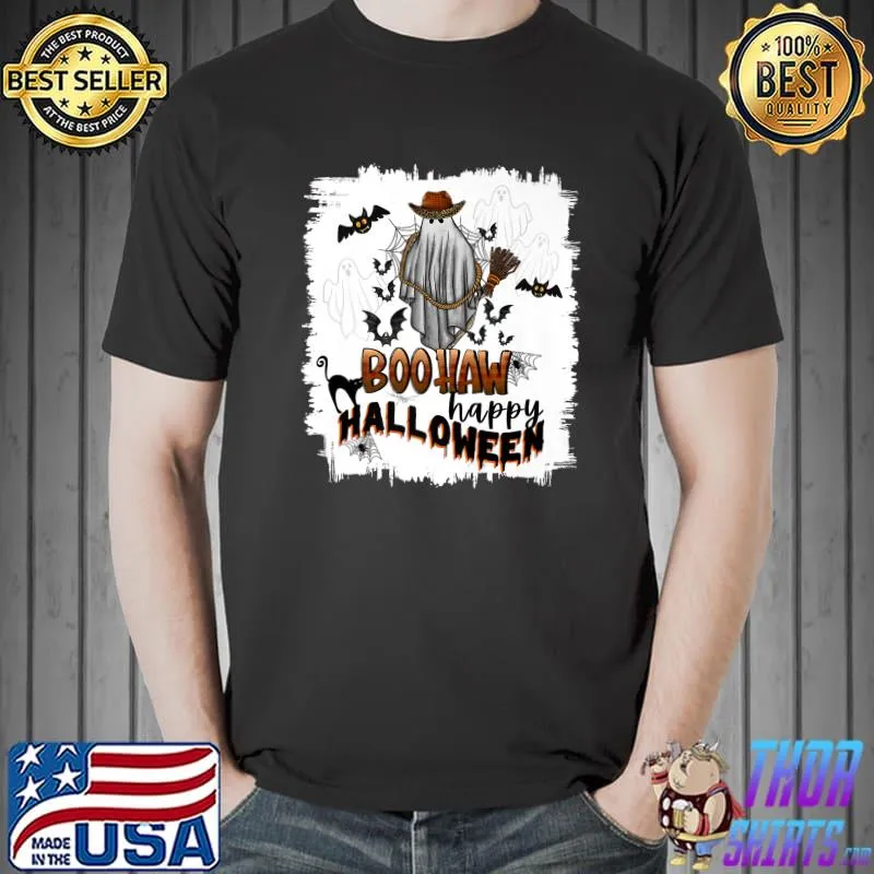 Boo Haw Happy Halloween Ghost Bats Western T-Shirt