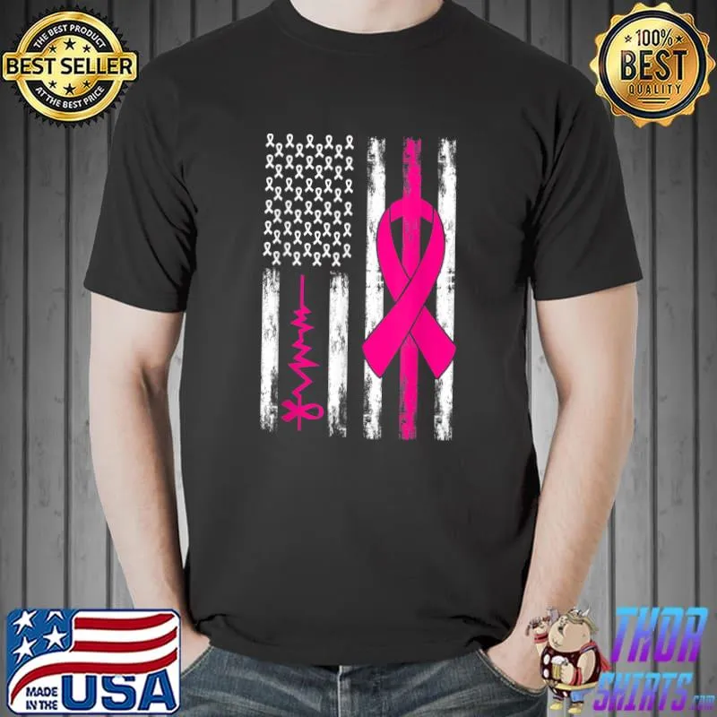Breast Cancer Awareness Distressed American Flag Pink Ribbon T-Shirt