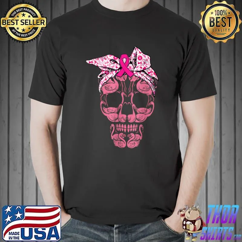 Breast Cancer Pink Flamingo Skull Ribbon Costume Halloween T-Shirt