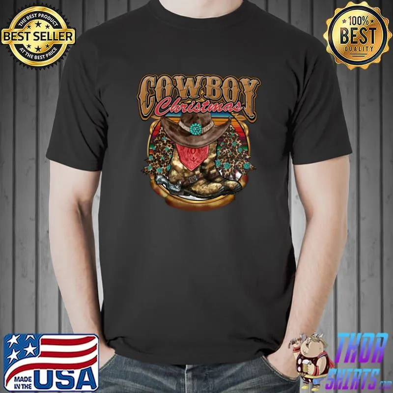 Cowboy christmas retro santa hat western leopard texas T-Shirt