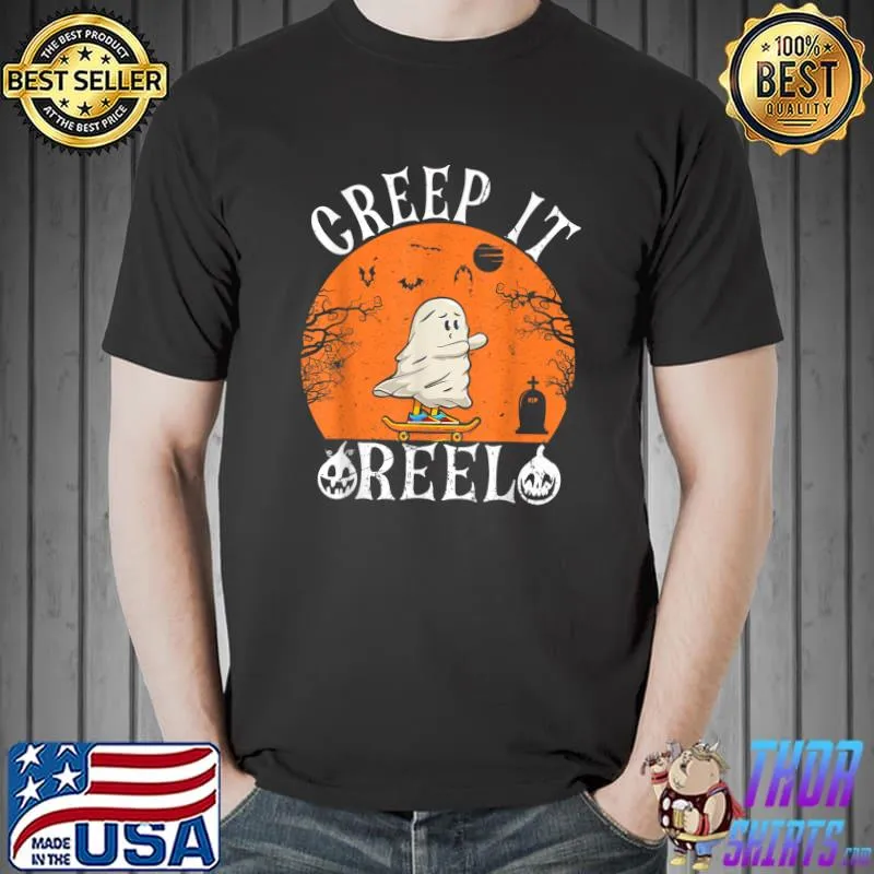 Creep It Real Ghost Moon Skateboarding Halloween Fall Season T-Shirt