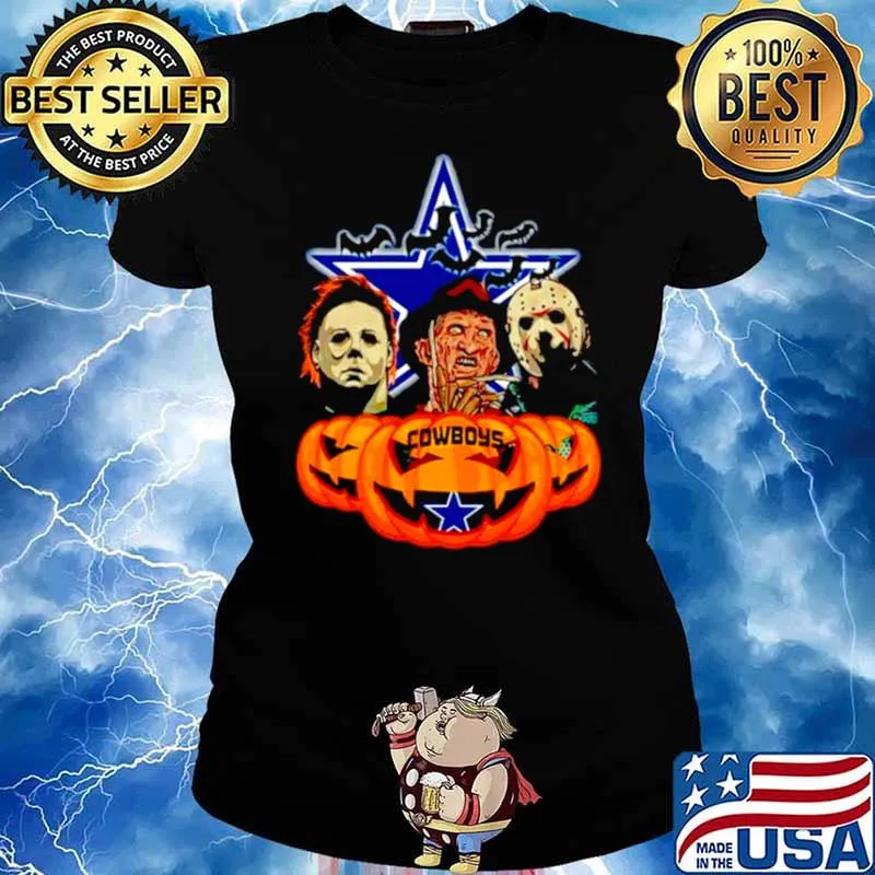 Dallas Cowboys Freddy Krueger Michael Myers Jason Voorhees Pumpkin Horror Movie Halloween s Ladies tee