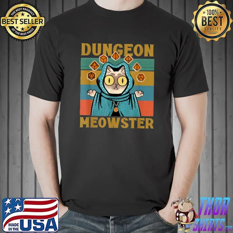 Dungeon Meowster Nerdy Gamer Cat D20 Dice Vintage T-Shirt
