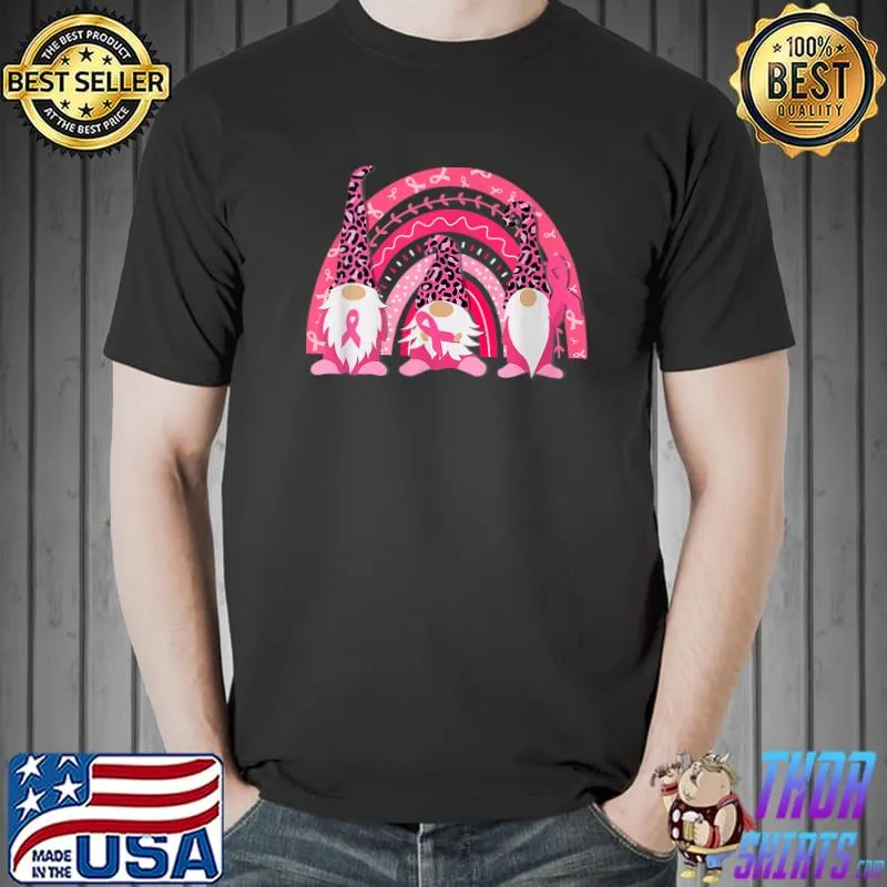 Gnomes Hat Leopard Breast Cancer Awareness Rainbow Pink Peace T-Shirt