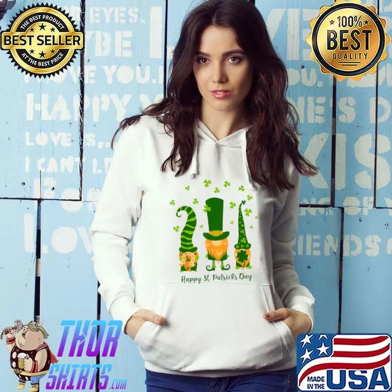 Happy St Patricks Day Three Gnomes Holding Shamrock Plaid T-Shirt Hoodie