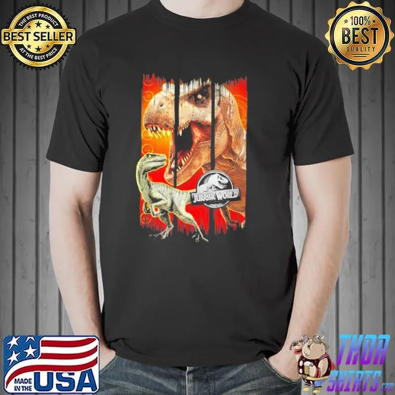 Jurassic park jurassic world trex and raptor distressed panels classic shirt