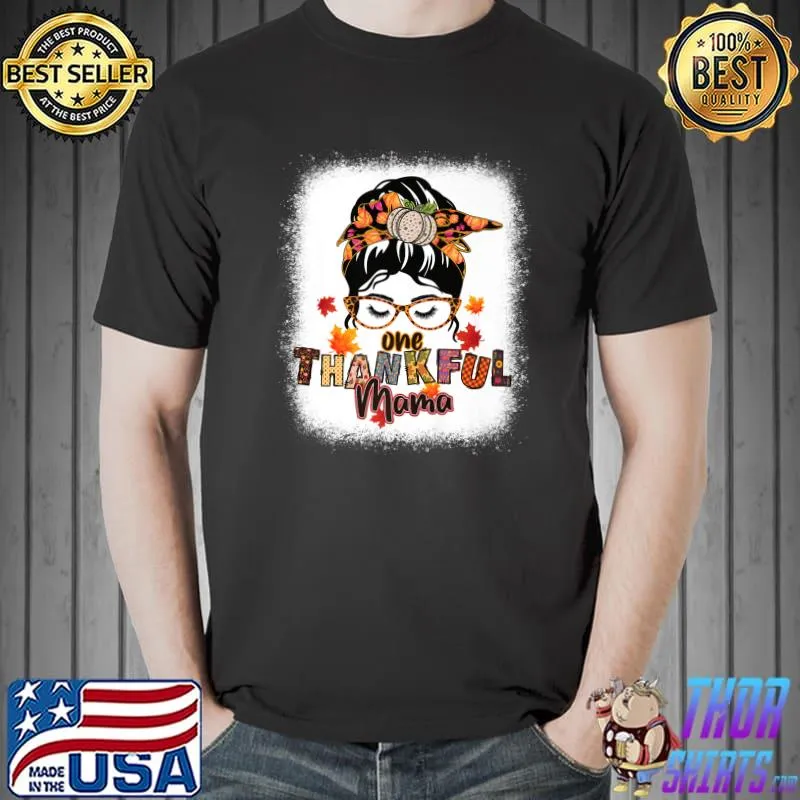 One Thankful Mama Groovy Messy Bun Autumn Thanksgiving Pumpkin T-Shirt