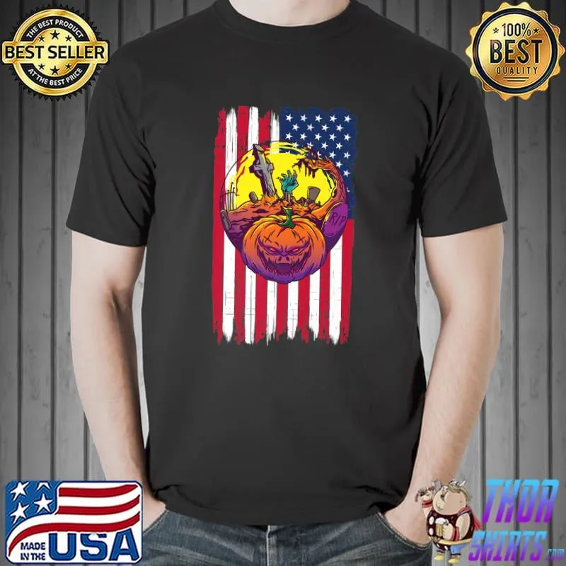 Pumpkins Halloween With Skeleton For Patriots Usa Flag T-Shirt