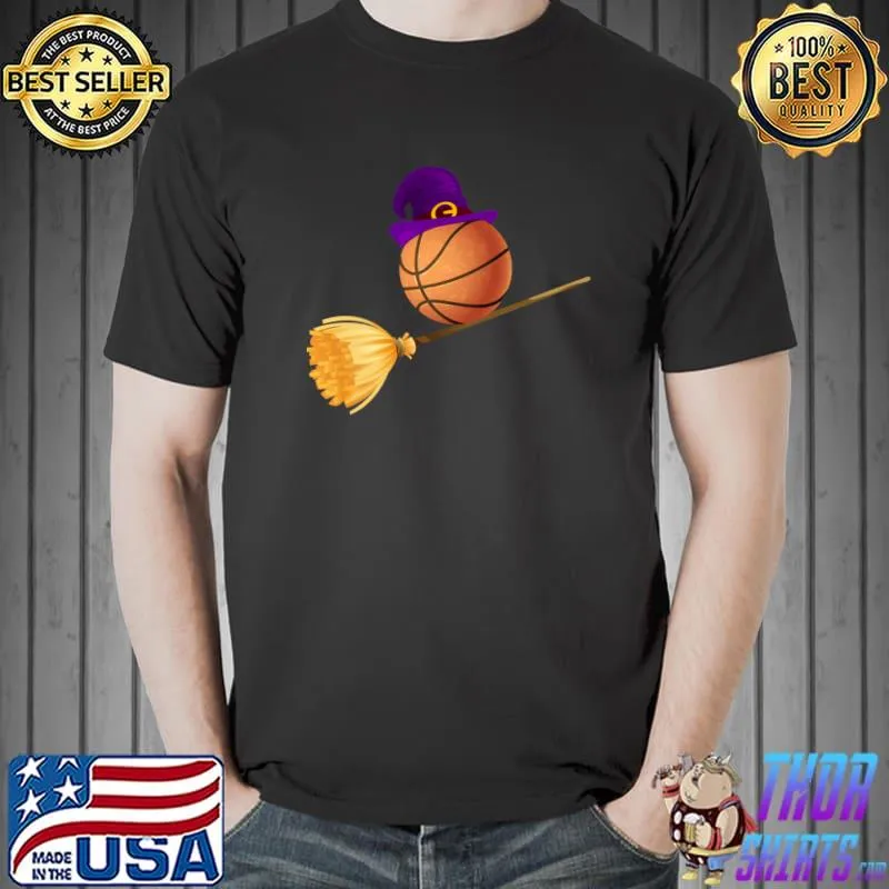Witch On Broom Basketball Lovers Halloween T-Shirt