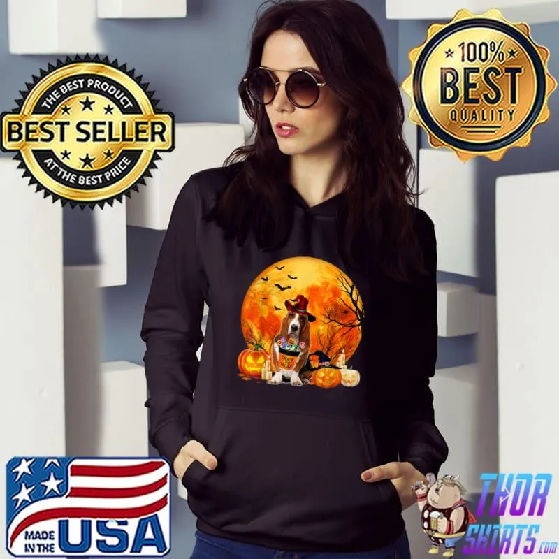 Basset Hound Dog Witch Pumpkin Halloween Costume Blood Moon T-Shirt Hoodie